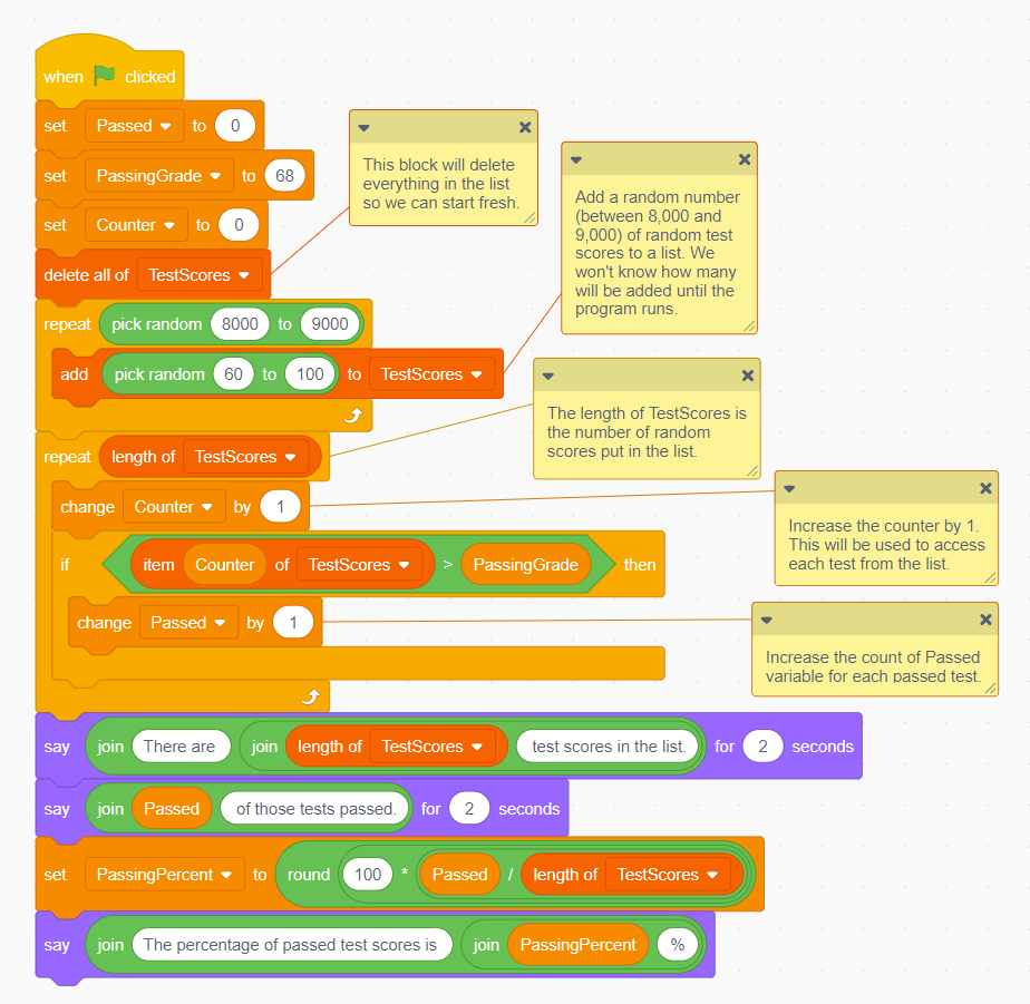 Lists In Scratch Lessons Percentage Of Passing Tests Circuits And Code